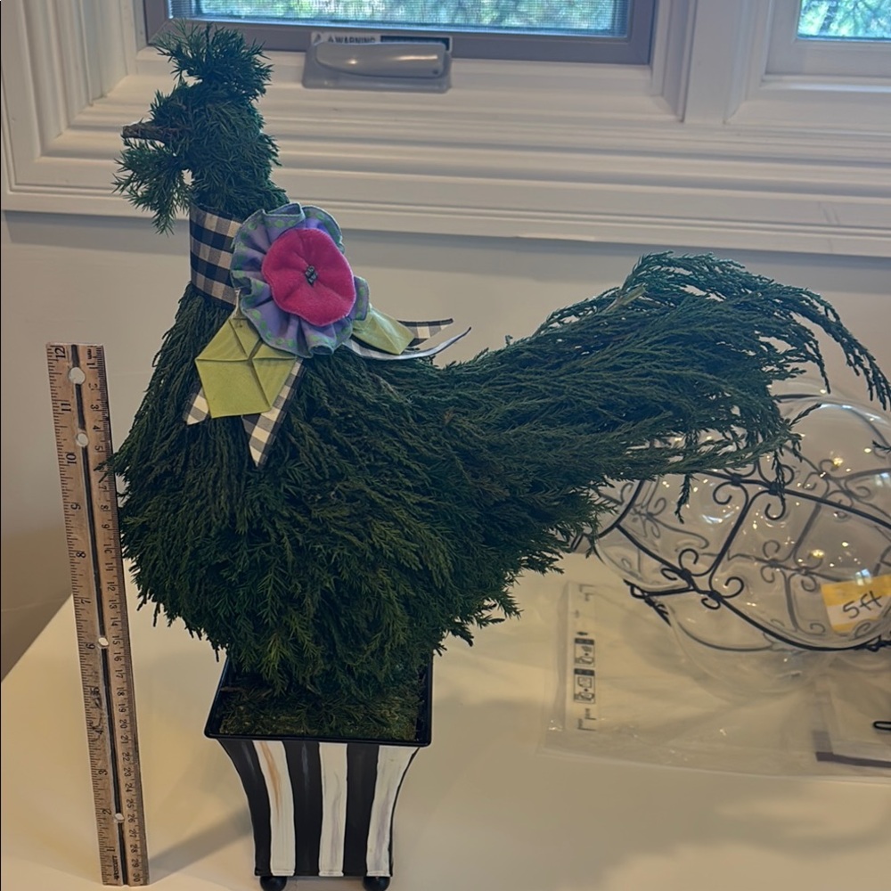 MacKenzie-Childs Green Topiary Hen with Pink and Black Accents
